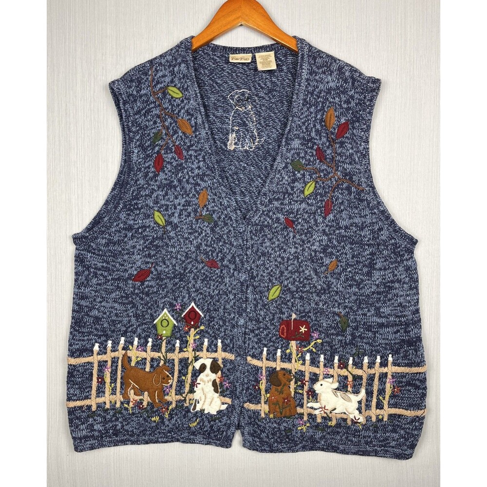 Bobbie Brooks Womens Cotton Knit Vest 26W Applique Fall Dogs Novelty Whimsical - Picture 2 of 13